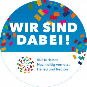 rundes Logo des nachhaltigen Netzwerks Hanau in Blau-Weiß mit bunten Rechtecken